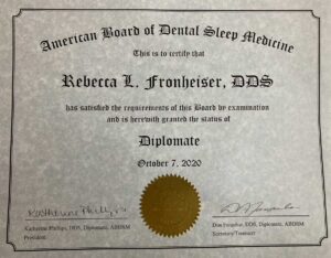 Photo of Certificate for Sleep Medicine Rebecca Fronheiser DDS